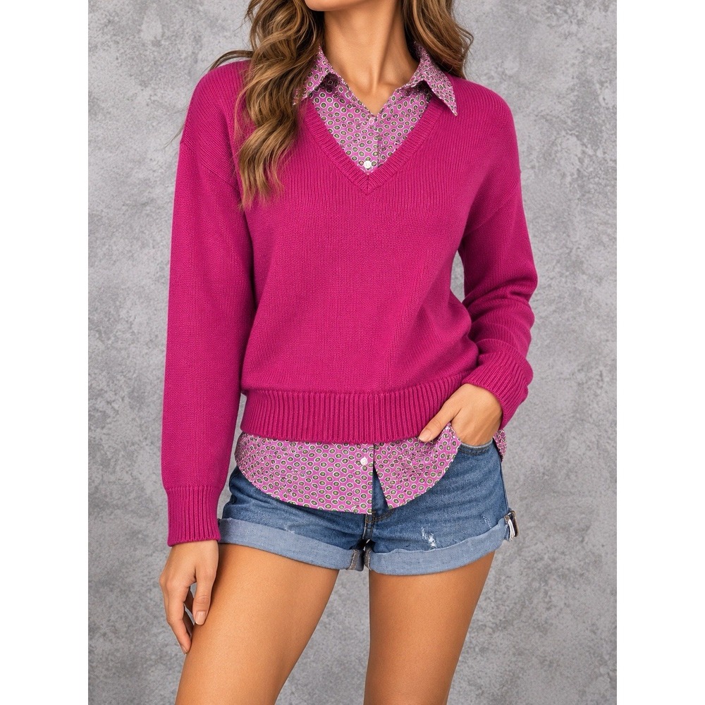 Lauren Ralph Lauren Sweater Womens Medium Pink Layered V Neck Knit Academia